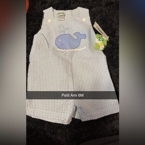 Petit Ami Light Blue Gingham Overalls with Whale